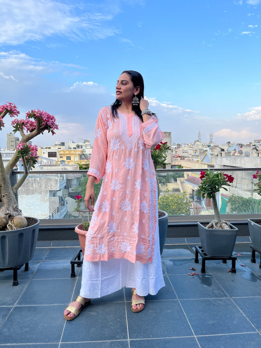 White Modal Chikankari Wide-Leg Palazzo