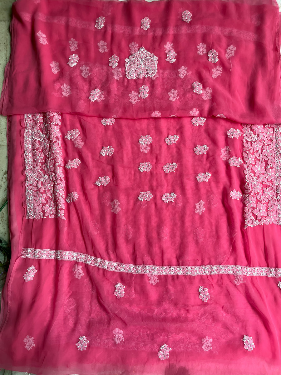 Hot Pink Chiffon Chikankari Unstitched Suitpiece