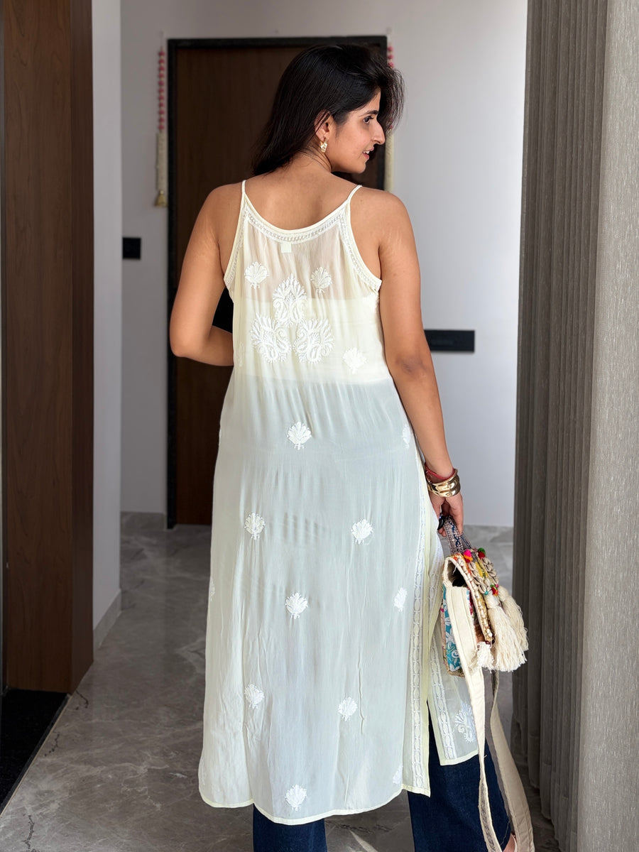  Lemon viscose noodle strap chikankari kurta - side profile showing sheer floral embroidered fabric