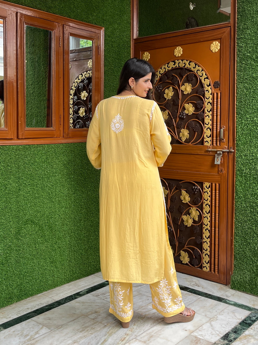 Women’s Modal Chikankari Straight Long Kurti & Palazzo Set – Hand-Embroidered