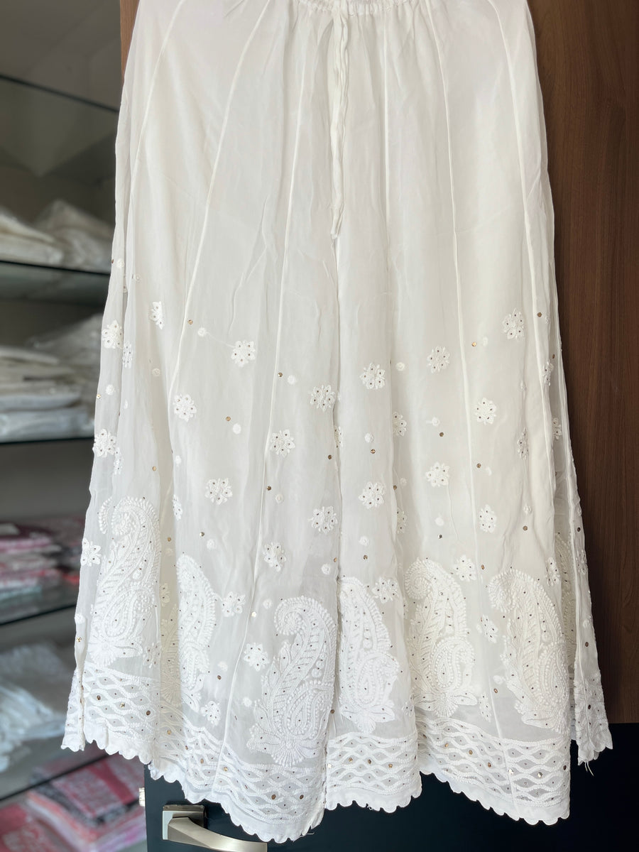 Classic White Viscose Mukaish Kalidar Chikankai Palazzo