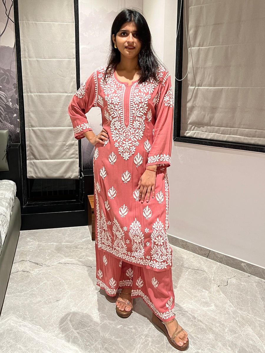 Women’s Modal Chikankari Kurta & Palazzo Suit Set