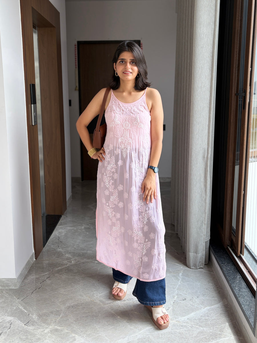 Blush pink viscose noodle strap chikankari kurta - front view styled with denim and sandals