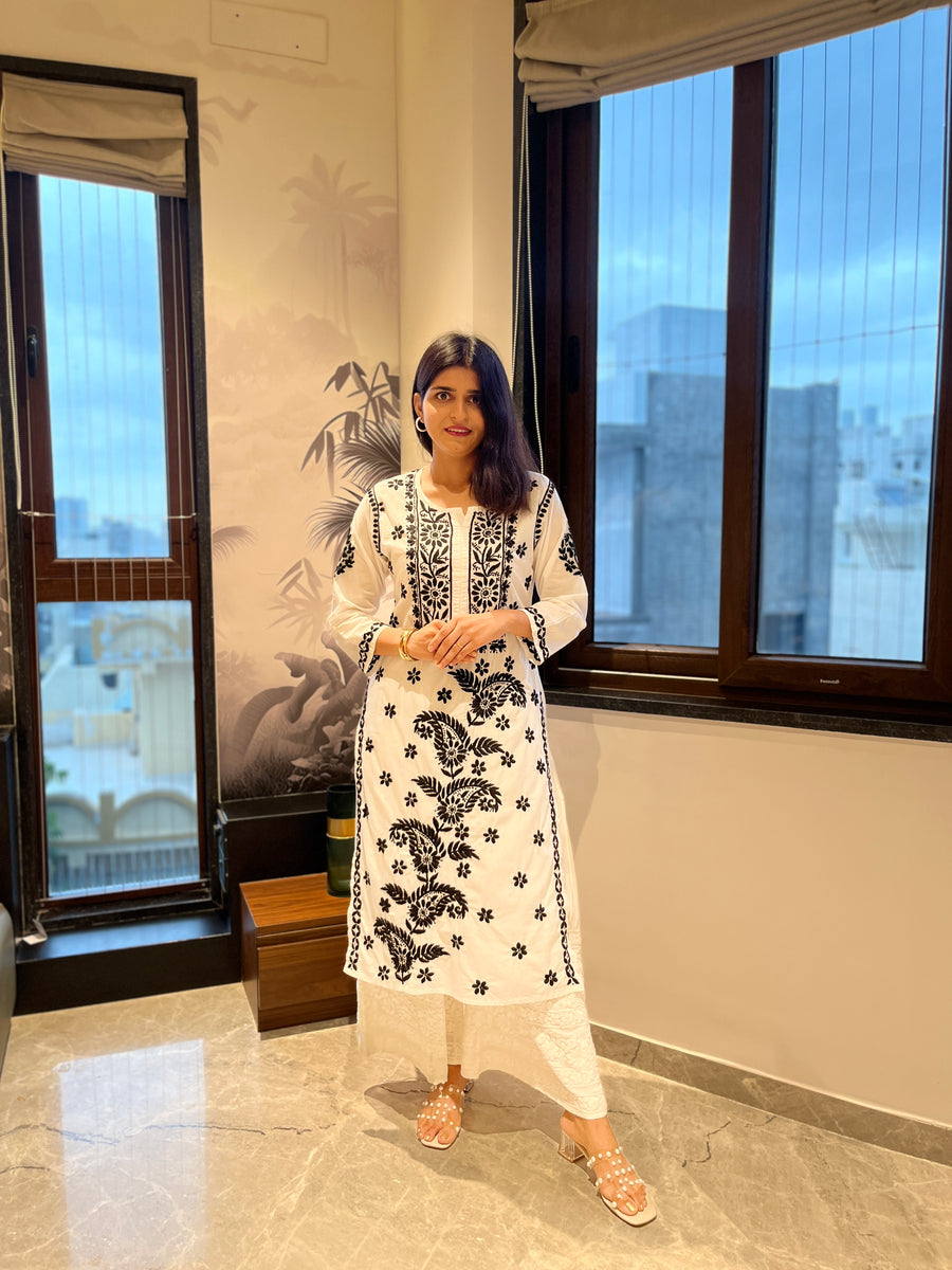 Supersoft Black Thread Chikankari Cotton White Straight Kurta
