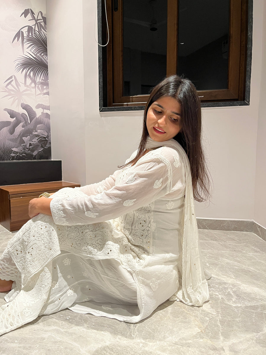 Classic White Viscose Mukaish Kalidar Chikankai Palazzo