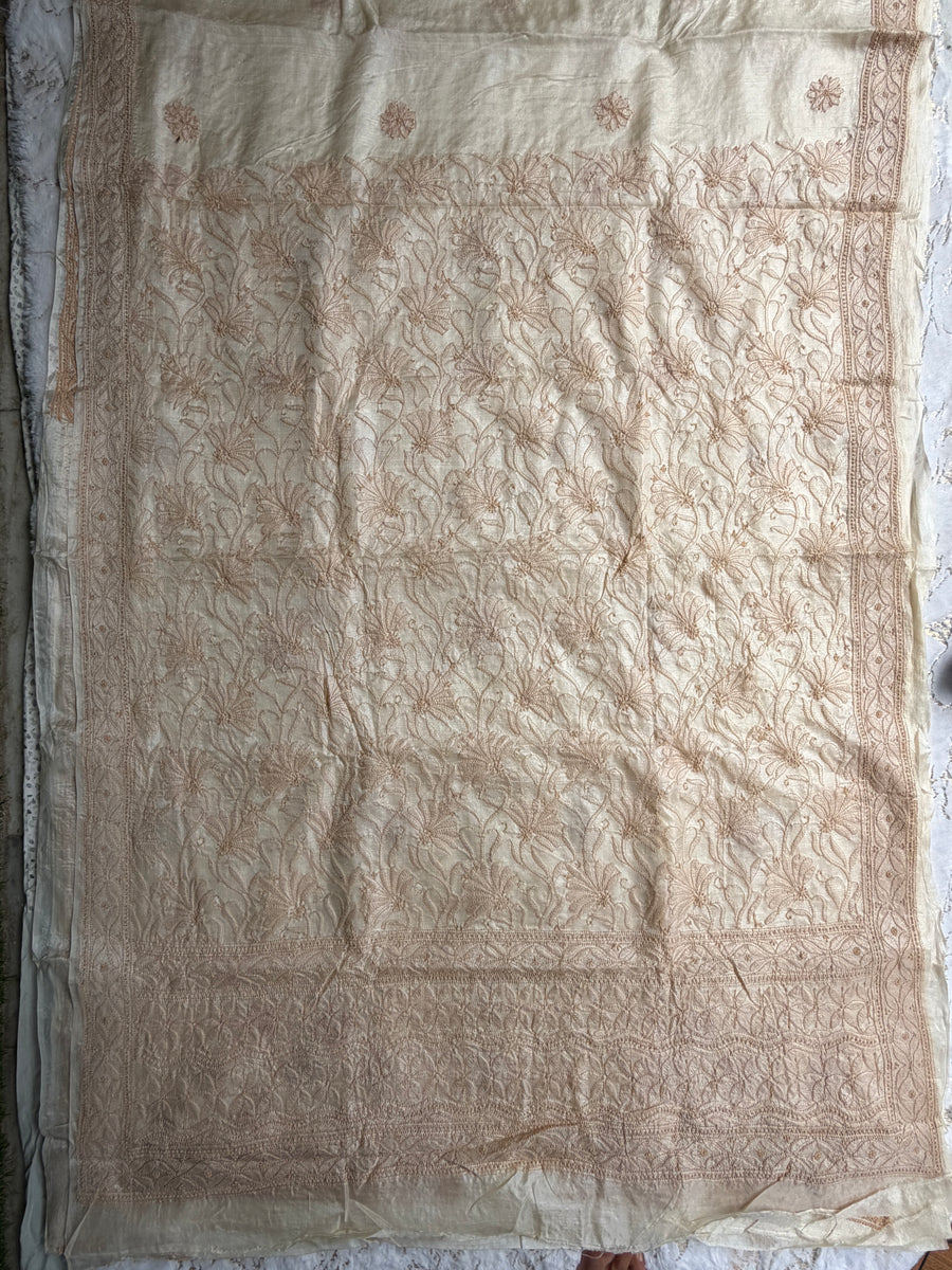 Beige Tussar Silk Lakhnavi Chikankari Saree for Women