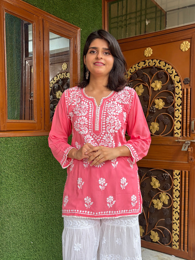 Women Peachy Pink Modal Chikankari Short Kurta