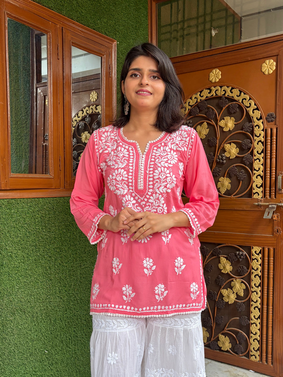Women Yellow Modal Chikankari Embroidered Short Kurta