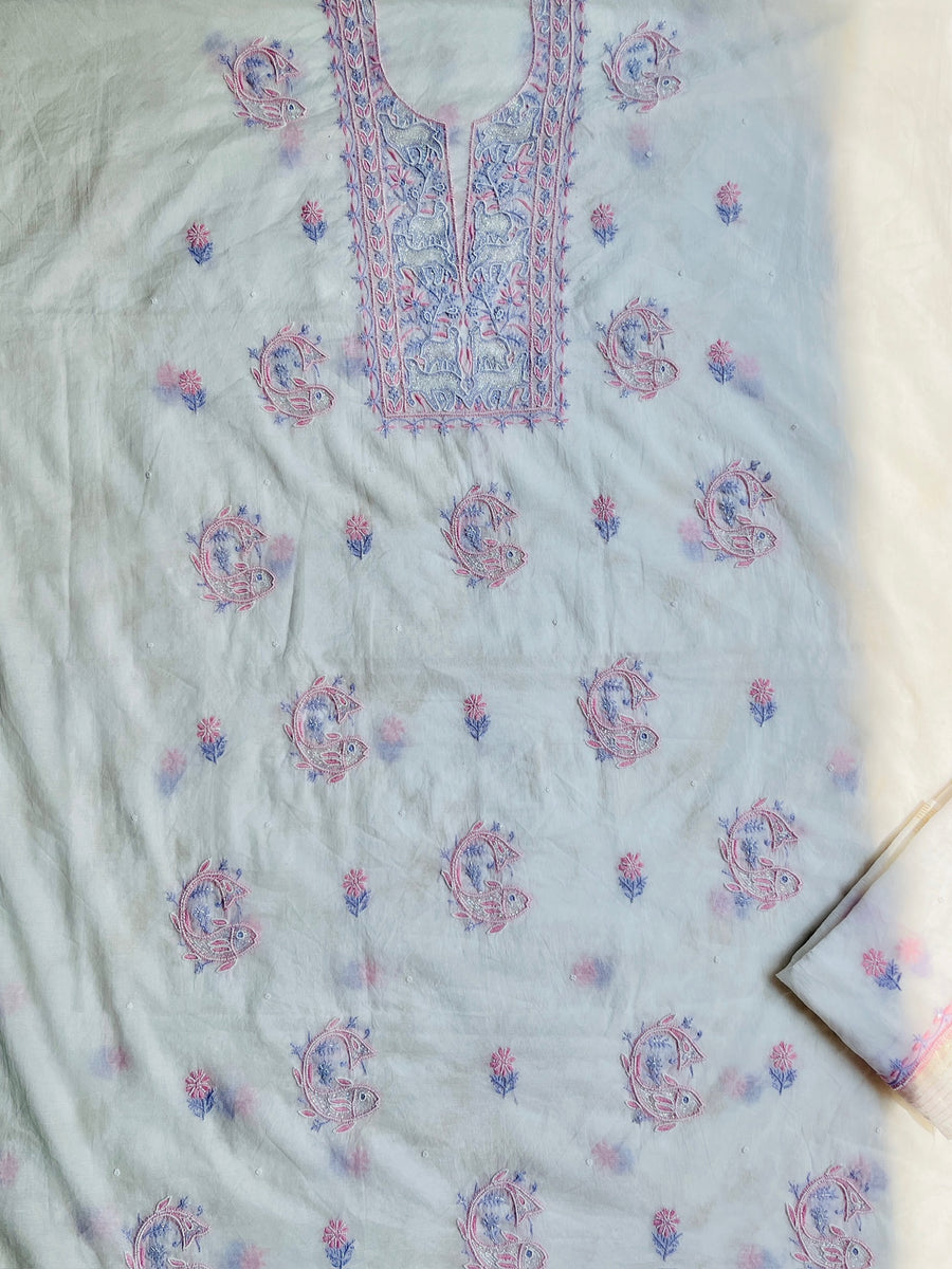 Ivory Mul Chanderi Chikankari Unstitched Kurta Dupatta | Lucknowi