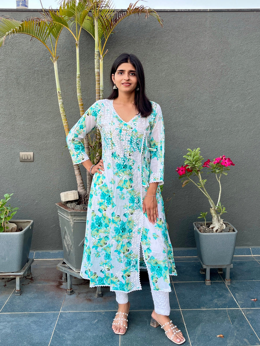 Women’s Mulmul Chikankari Angarkha Long Kurti – Hand-Embroidered Lucknowi Work