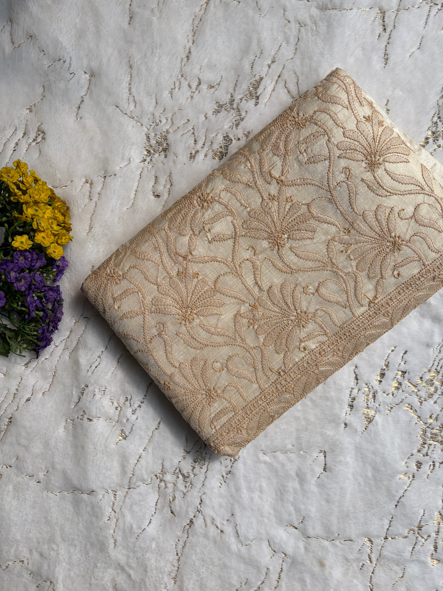 Beige Tussar Silk Lakhnavi Chikankari Saree for Women