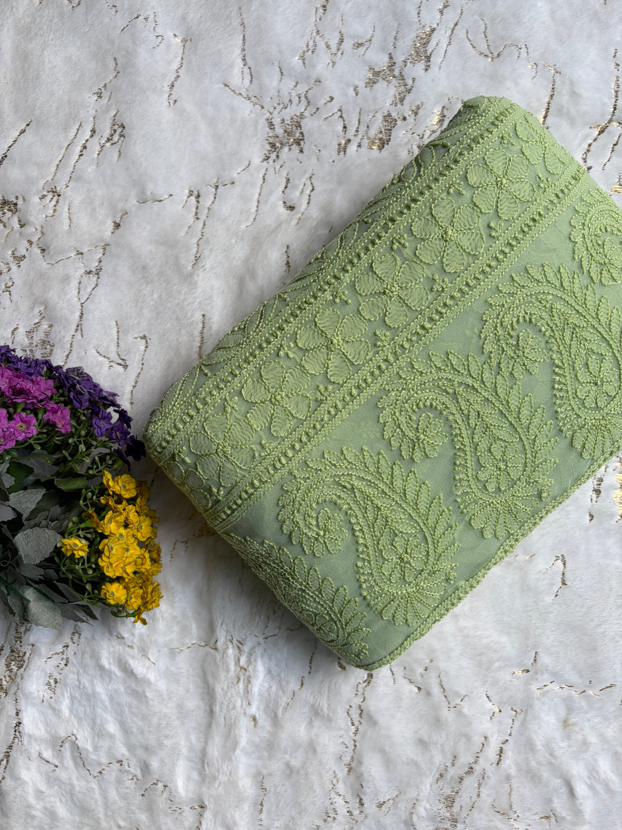 Green Chiffon All over Work Jaal Chikankari Saree | Lucknowi