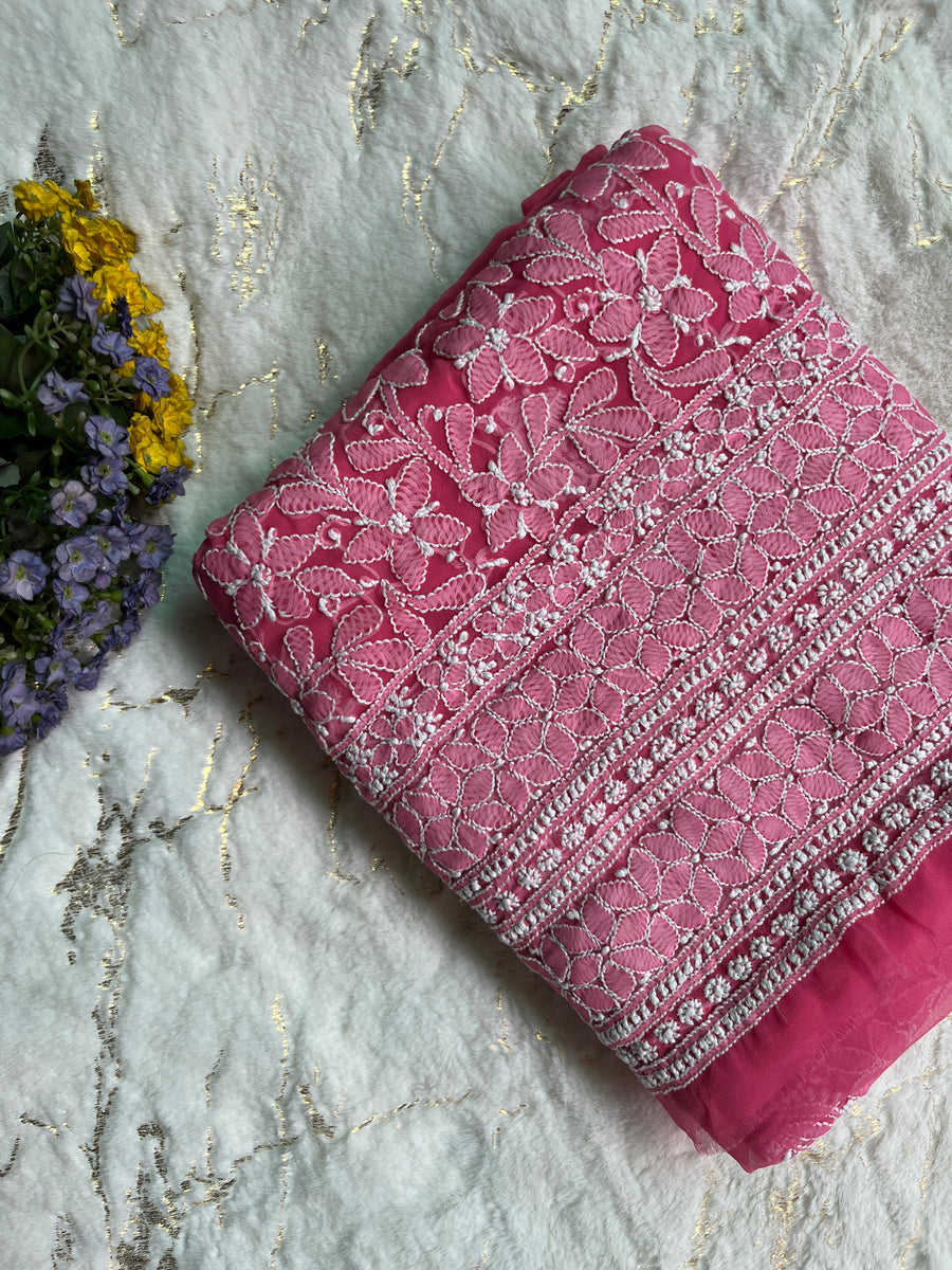 Hot Pink Chiffon Chikankari Unstitched Suitpiece