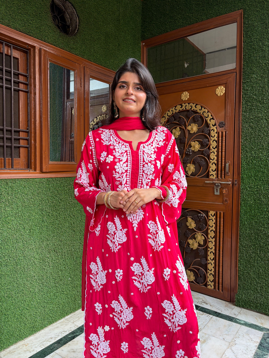Deep Rani Pink Chikankari Kurta Palazzo Dupatta Set | Lucknowi
