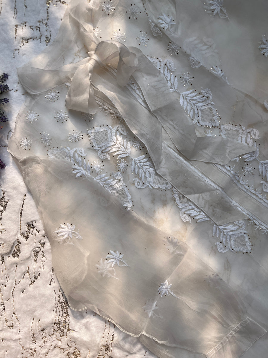 Ivory Pure Organza Chikankari Mukaish Kamdani Semi-Stiched Shirt