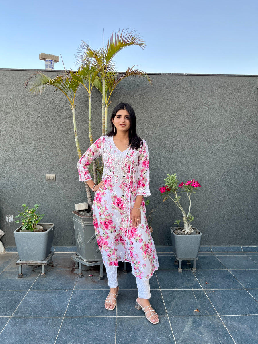 Women’s Mulmul Chikankari Angarkha Long Kurti – Hand-Embroidered Lucknowi Work