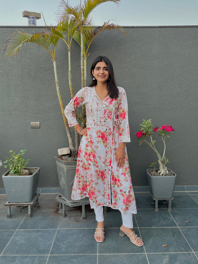 Women’s Mulmul Chikankari Angarkha Long Kurti – Hand-Embroidered Lucknowi Work