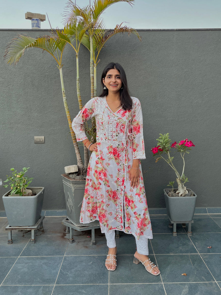 Women’s Mulmul Chikankari Angarkha Long Kurti – Hand-Embroidered Lucknowi Work