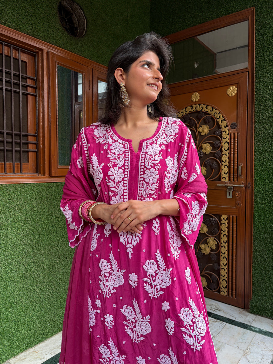 Deep Rani Pink Chikankari Kurta Palazzo Dupatta Set | Lucknowi