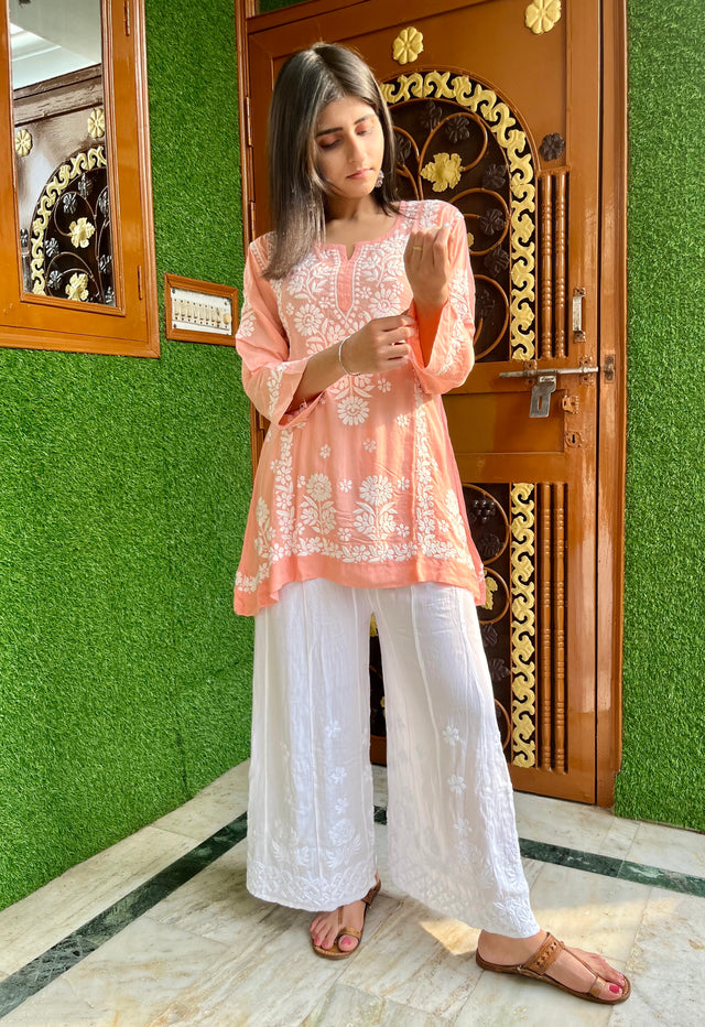 White Kalidar Rayon Chikankari Palazzo