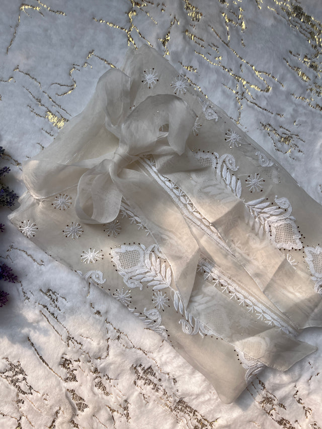 Ivory Pure Organza Chikankari Mukaish Kamdani Semi-Stiched Shirt