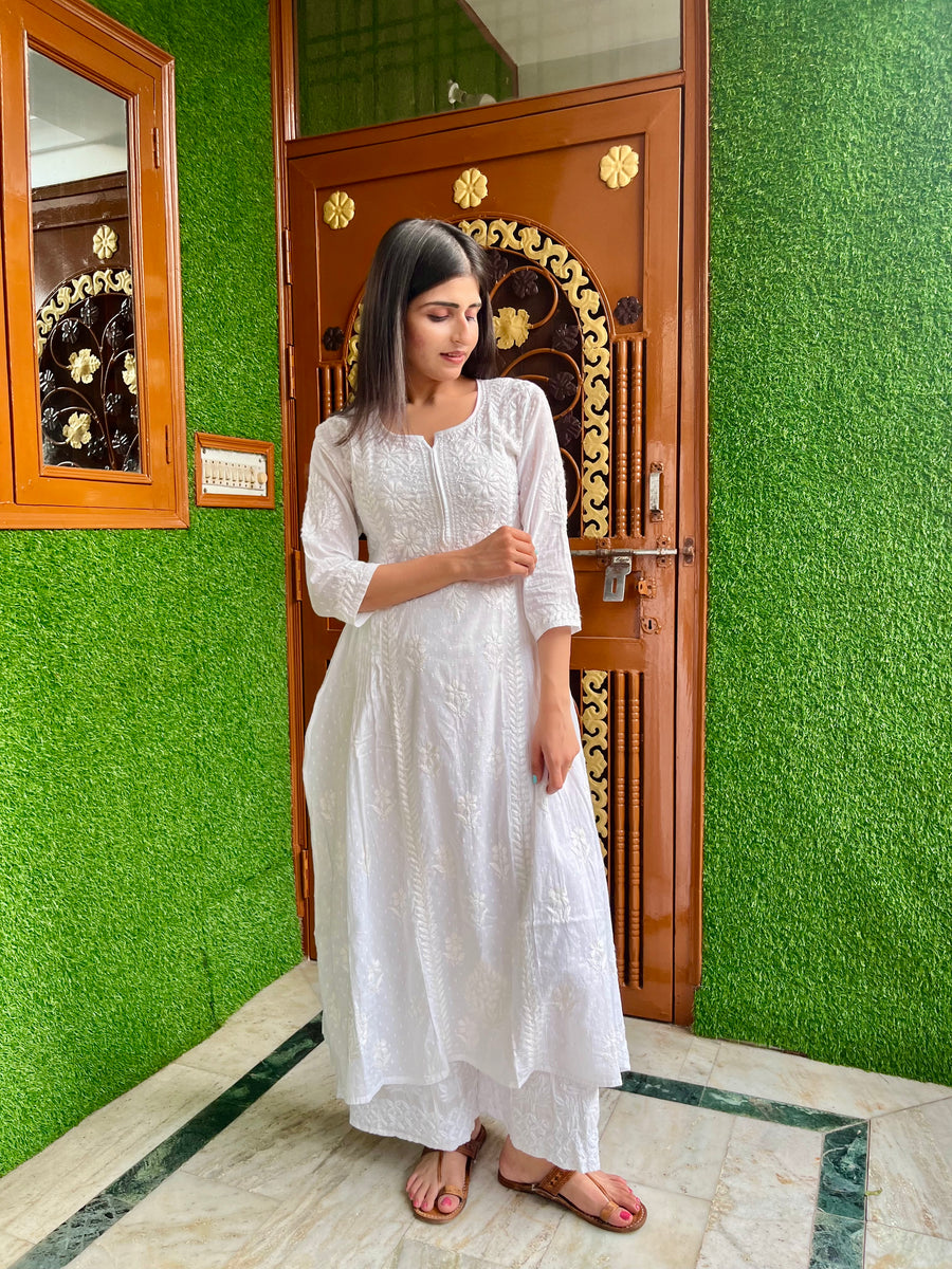 White Kalidar Rayon Chikankari Palazzo