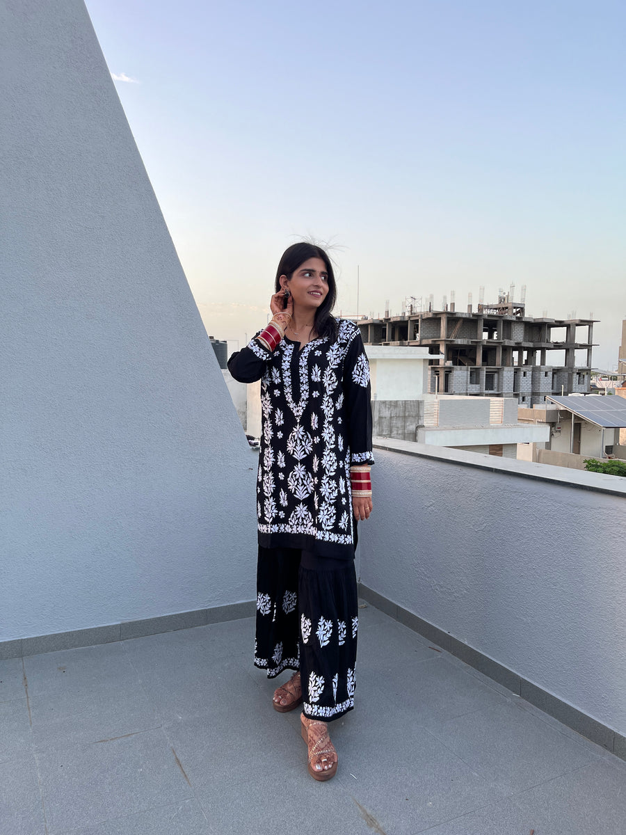 Black Chikankari Kurti Sharara Set | Modal Fabric