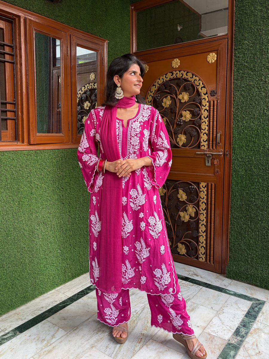 Deep Rani Pink Chikankari Kurta Palazzo Dupatta Set | Lucknowi