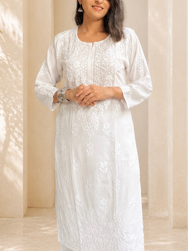 Women’s Modal Chikankari Straight Long Kurti & Palazzo Set – Hand-Embroidered