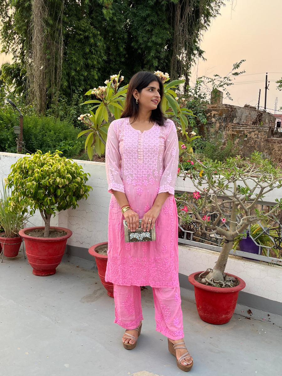 Women’s Ombre Muslin Chikankari Straight Long Kurta & Palazzo Set – Hand-Embroid