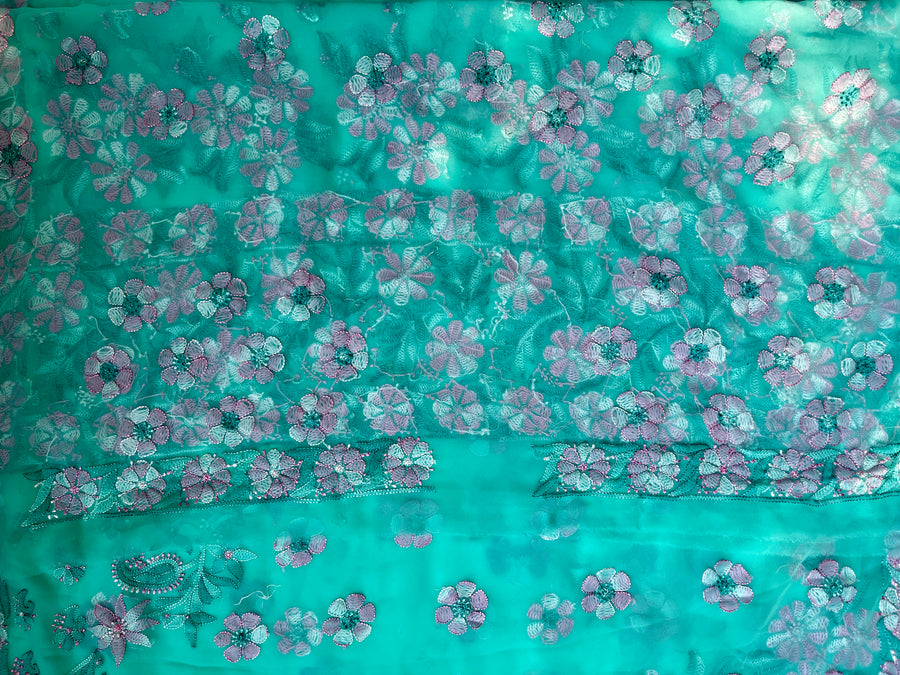 Turquoise Blue Pure Chiffon Chikankari Resham Saree