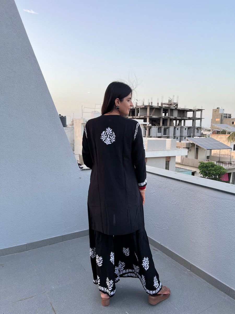 Black Chikankari Kurti Sharara Set | Modal Fabric