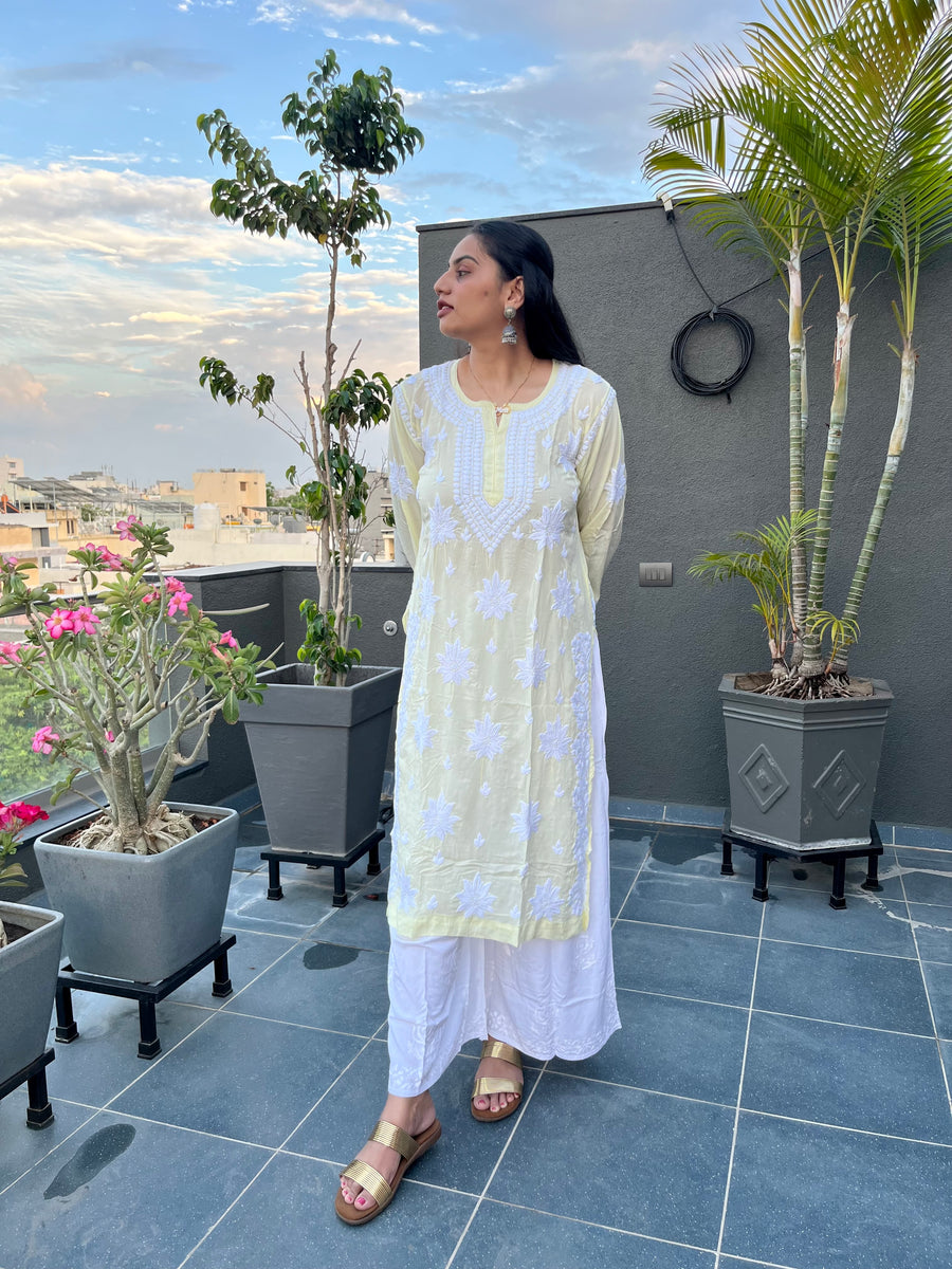 White Modal Chikankari Wide-Leg Palazzo