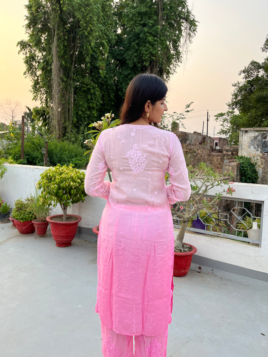 Women’s Ombre Muslin Chikankari Straight Long Kurta & Palazzo Set – Hand-Embroid