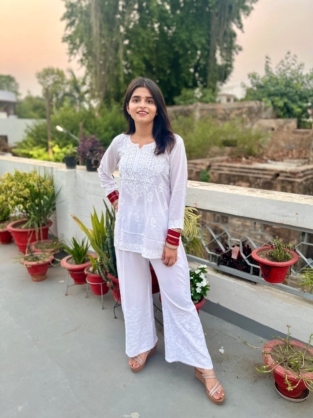 White Modal Chikankari Short Kurti for Women