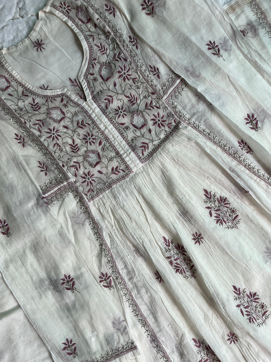 Ivory Mul Chanderi Chikankari Semi-Stitched A line Kurta Dupatta | Lucknowi
