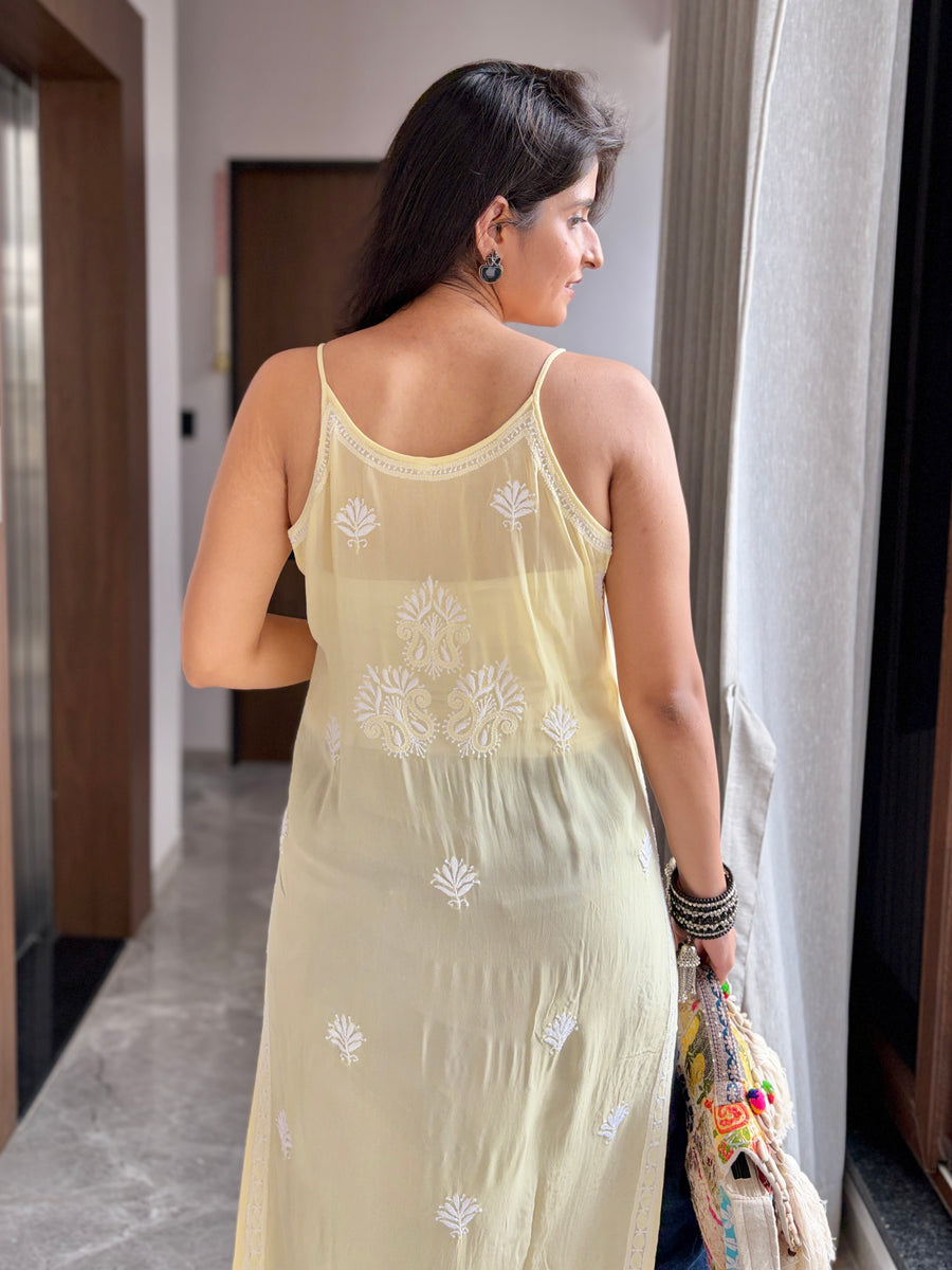 Yellow viscose noodle strap chikankari kurta - close-up of chikankari floral embroidery