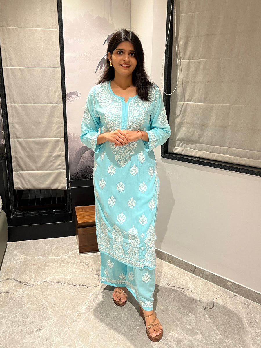 Women’s Modal Chikankari Kurta & Palazzo Suit Set