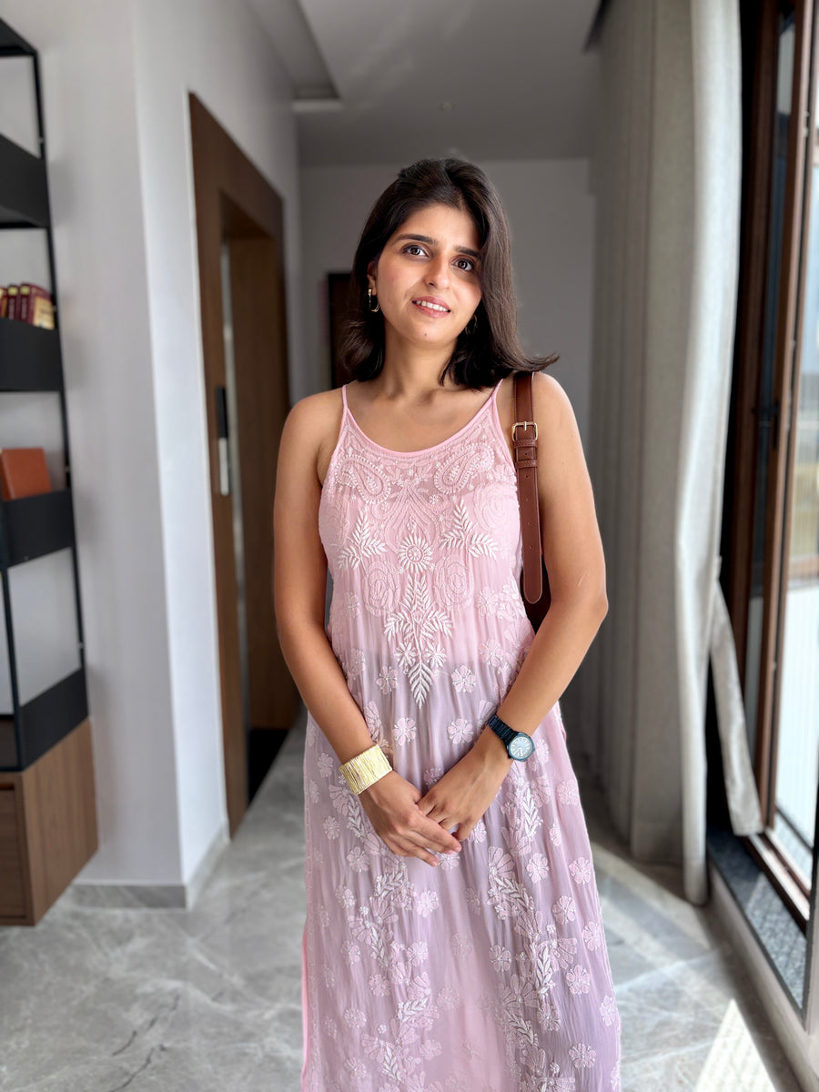 Blush pink viscose noodle strap chikankari kurta - full length front view, standing pose