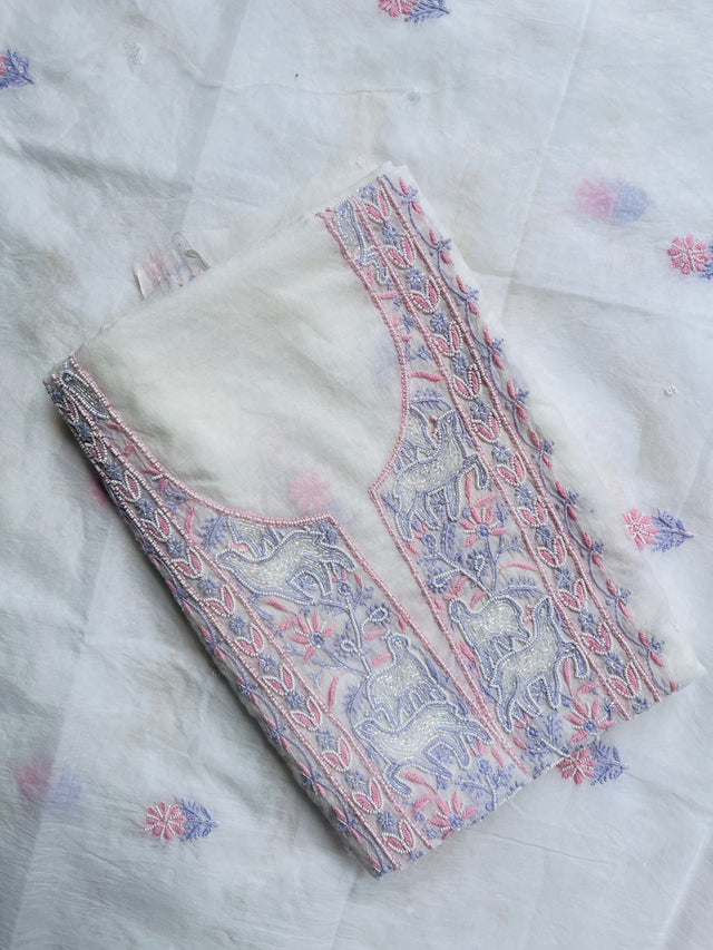Ivory Mul Chanderi Chikankari Unstitched Kurta Dupatta | Lucknowi