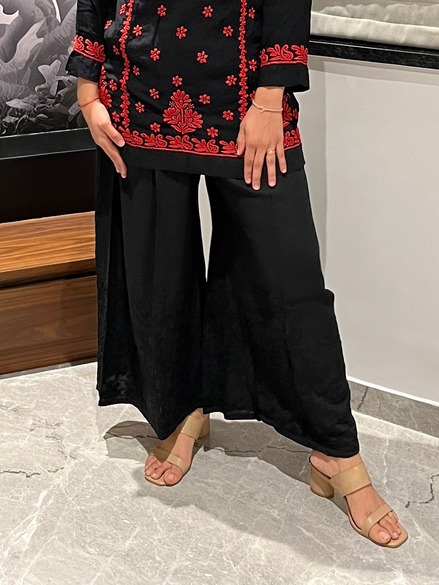 Women’s Rayon Chikankari Wide Fit Palazzo – Machine-Embroidered Work (Black)