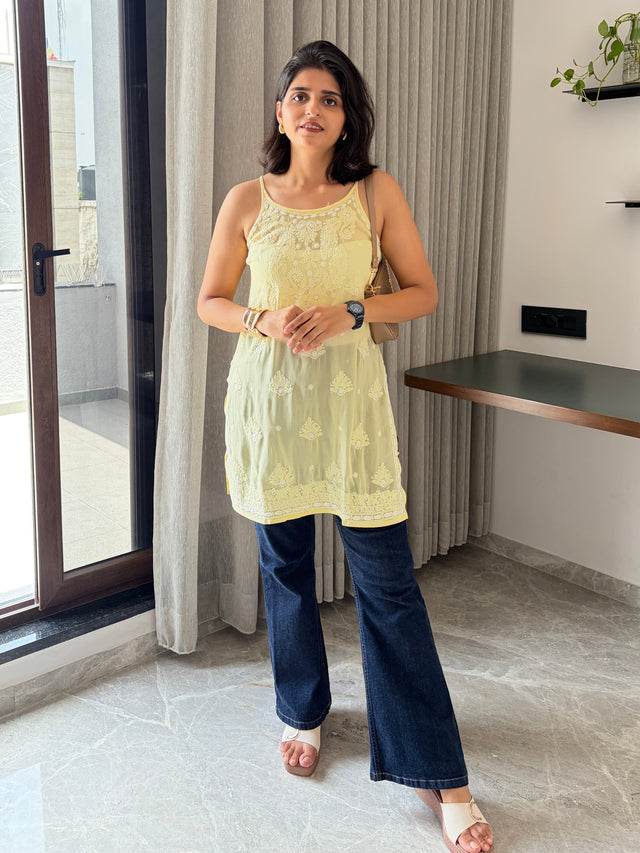 Butter Yellow Noodle Strap Viscose Chikankari Short Kurti | Lucknowi