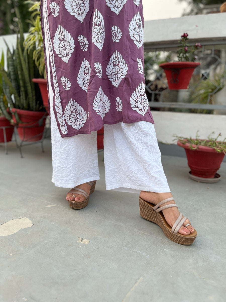 White Rayon Chikankari Machine Embroidered Palazzo