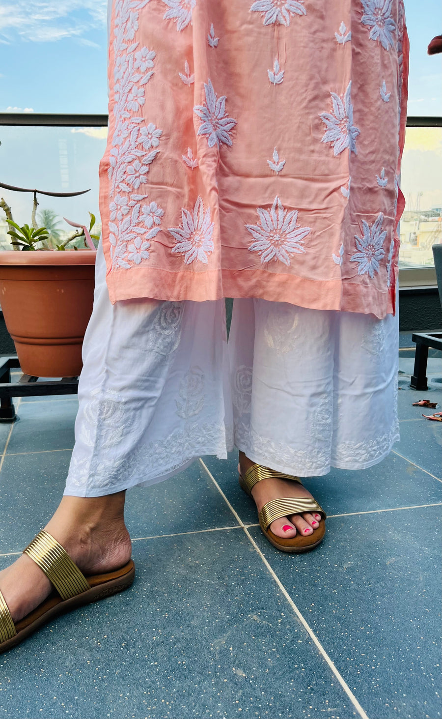 White Modal Chikankari Wide-Leg Palazzo
