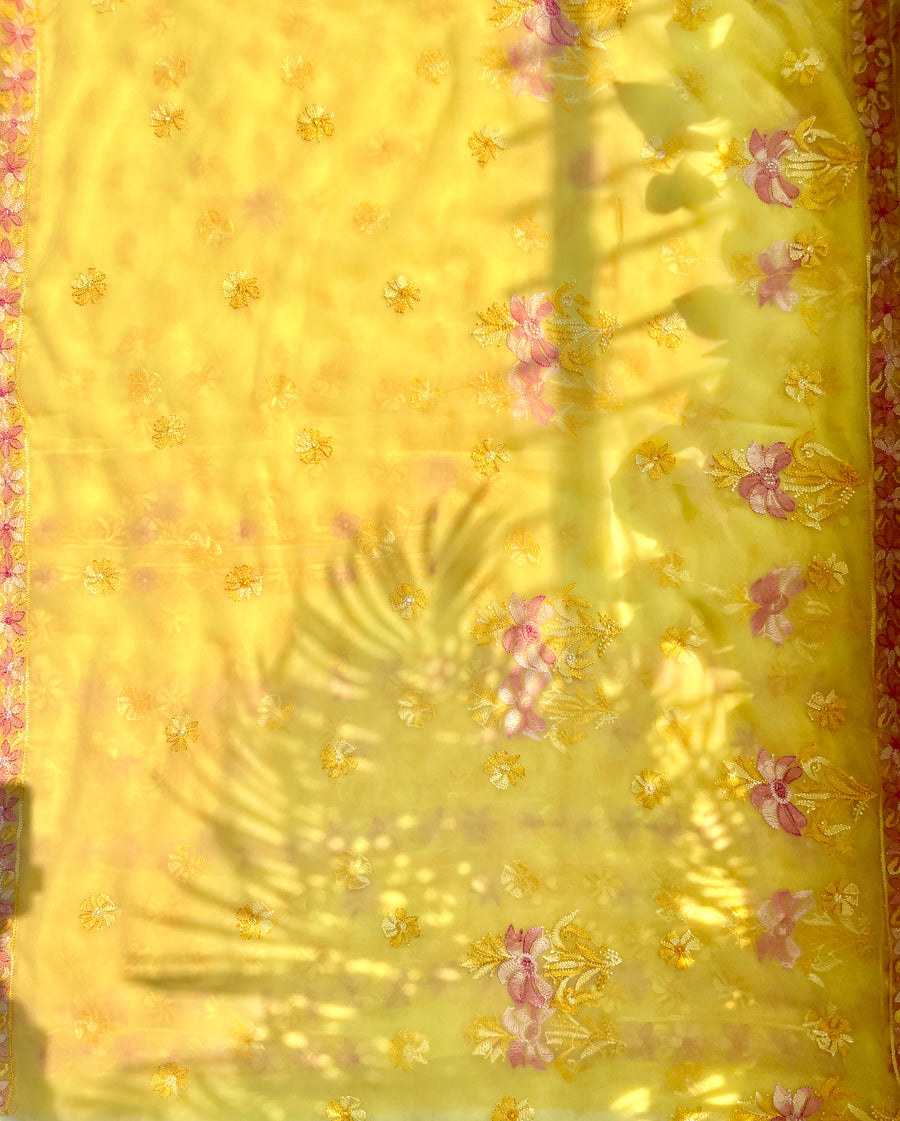 Yellow Resham Chiffon Chikankari Saree