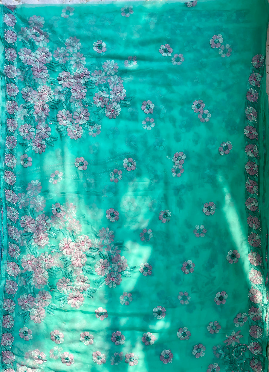 Turquoise Blue Pure Chiffon Chikankari Resham Saree