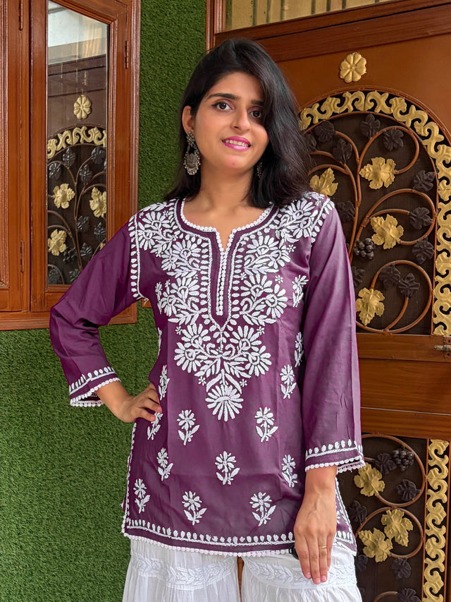 Women Purple Modal Chikankari Short Kurta