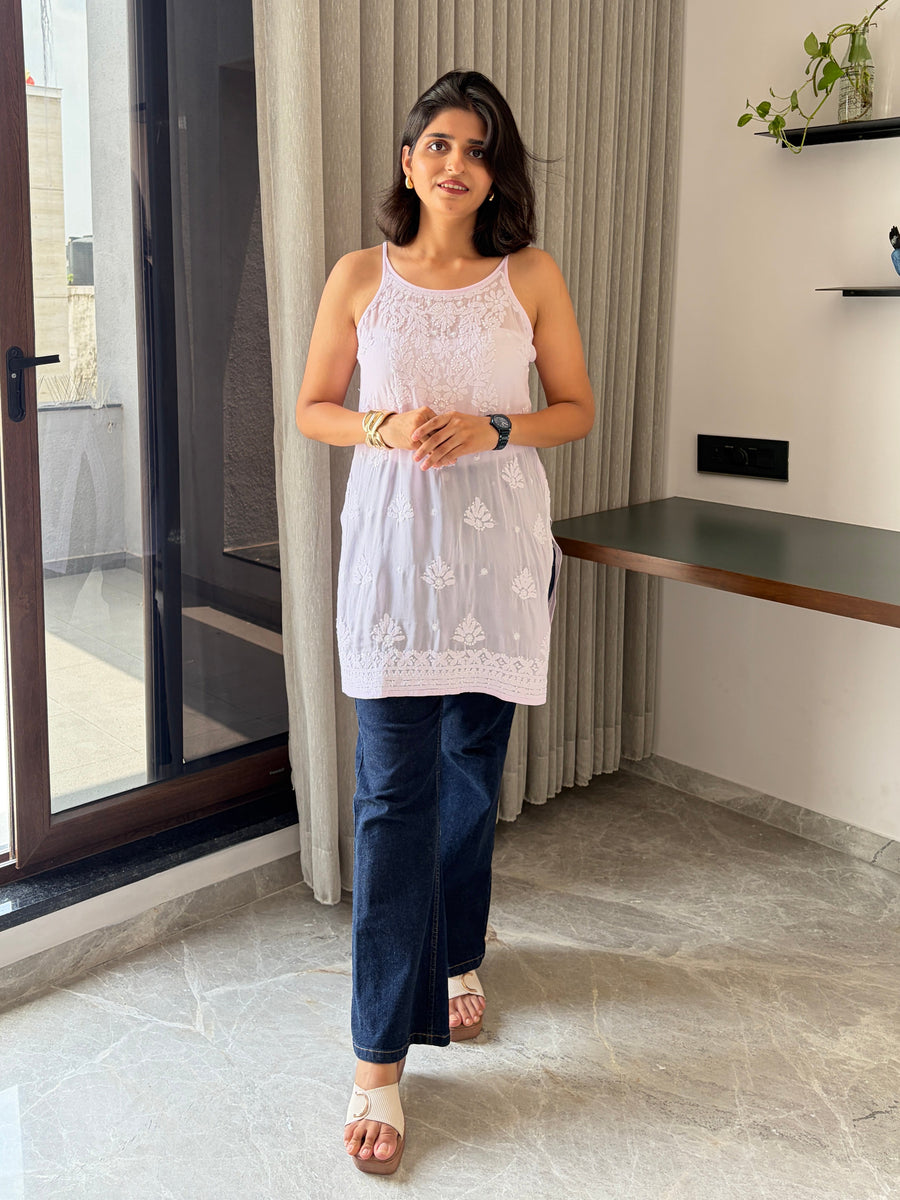 Blush Pink Noodle Strap Viscose Chikankari Short Kurti | Lucknowi