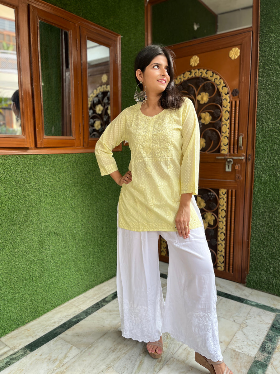 Teal Blue Cotton Dobby Chikankari Short Kurti for women | Lucknowi – photo 2