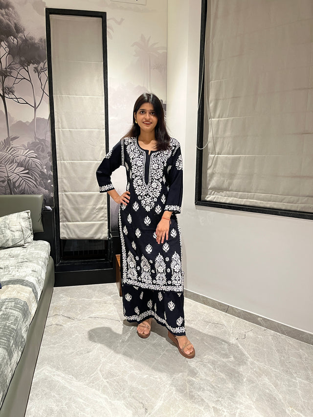 Black Modal Chikankari Kurta Palazzo Set for Women